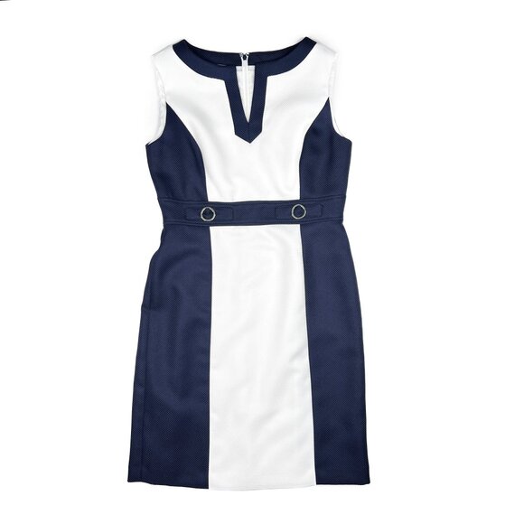 Tahari ASL Split Neck Sleeveless Waffle Colorblock Midi Dress Size 10 - NWOT - Picture 2 of 10